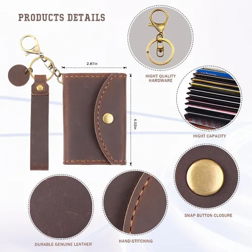Miniatura 2 de Cartera de cuero genuino para tarjetas de crédito, organizador de tarjetas de crédito para mujeres y hombres, monedero pequeño llavero, Café, Simple