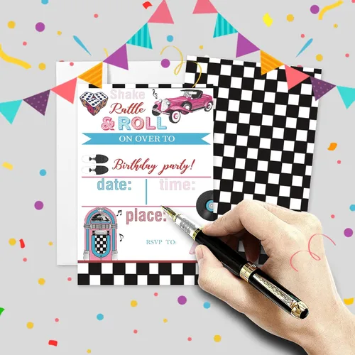 Miniatura 3 de 20 juegos de invitaciones de fiesta de cumpleaños de los años 50 con sobres, retro de los años 50 Jukebox a cuadros de doble cara impresas