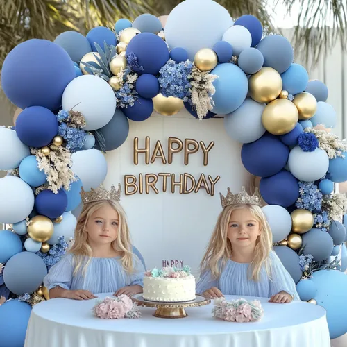 Miniatura 4 de Kit de Arco de Globos Azul Polvoriento Dorado, Kit de Arco de Globos Pastel de Doble Relleno Azul Claro Azul Oscuro Mezclilla Azul Pálido con Globos