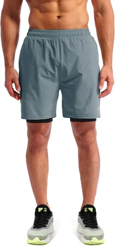 Miniatura 2 de Pudolla Mens 2 in 1 Running Shorts 7" Quick Dry Gym Athletic Workout Shorts for Men with Phone Pockets