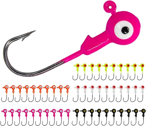 Miniatura 8 de Juego de 50 ganchos de cabeza de plantilla de pesca, plantillas de pesca de bola redonda con ojos 3D, ganchos de acero al carbono para señuelos