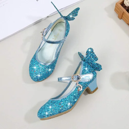 Miniatura 3 de Zapatos brillantes de mariposa Mary Jane para niñas y niñas, zapatos de fiesta de boda con purpurina para damas de honor, tacones bajos, zapatos