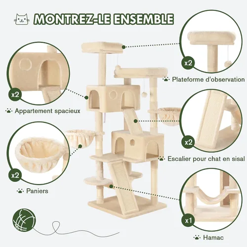 Miniatura 5 de MUTICOR Torre para Gatos Grande de Múltiples Niveles de 66 Pulgadas para Felinos Grandes de Interior/Perchas de Felpa Acogedoras/Condominio/Postes