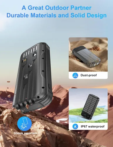 Miniatura 8 de Cargador Solar Power Bank, PD 20W Carga Rápida Batería Externa, 40000mAh Cargador de Teléfono Portátil con 4 Cables Integrados con Linternas