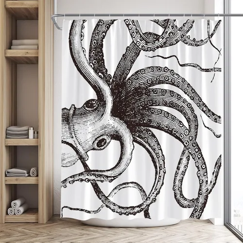 Miniatura 2 de Cortina de ducha con tentáculos de pulpo, monstruo náutico Kraken, vida marina, abstracto, tela de poliéster blanco y negro, juego de decoración