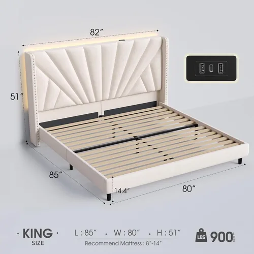 Miniatura 2 de EnHomee Base de cama tamaño King con cabecera de 1,30 m de altura con respaldo de alas, cama tapizada en terciopelo con plataforma, estación de Beige