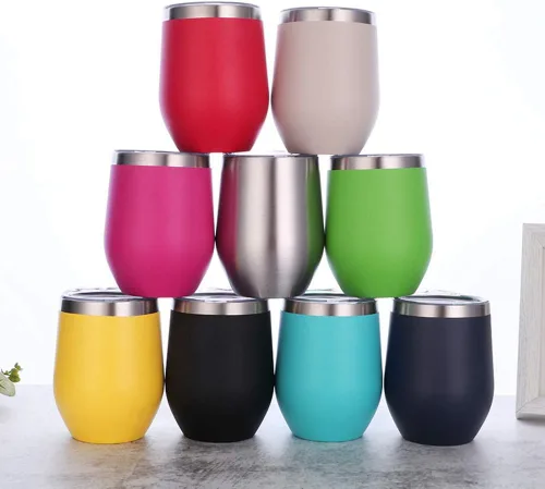 Miniatura 2 de Vaso de vino de acero inoxidable de 12 onzas con tapa, taza de viaje aislada de doble pared perfecta para vino, café, bebidas, champán, cócteles