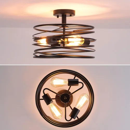 Miniatura 2 de Lámpara de techo de 3 luces rústica en forma de tambor, lámpara colgante semiempotrada negra, candelabros de granja retro de metal tipo jaula