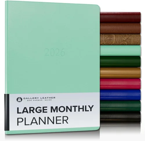 Gallery Leather Agenda Mensual Grande 2025-2026, Elegantemente Encuadernada Planificador de Calendario y Cuaderno con Elegantes Bordes Dorados, 18