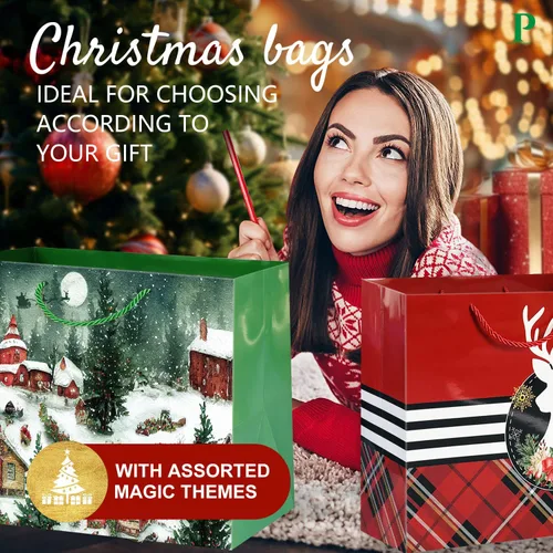 Miniatura 6 de Party Funny 12 bolsas de papel de regalo de Navidad extra grandes a granel con asas y 60 etiquetas de regalo de Navidad - 6 diseños, juego de sacos