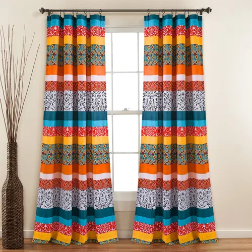 Lush Decor Cortina bohemia a rayas para ventana, diseño floral bohemio, 52 pulgadas de ancho x 84 pulgadas de largo, turquesa y mandarina
