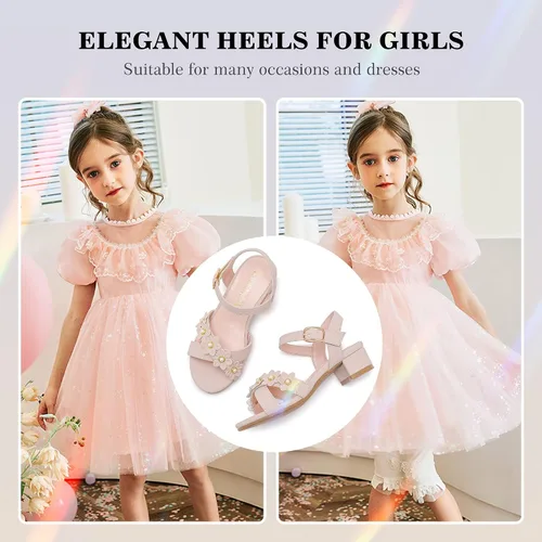 Miniatura 6 de LAURMOSA Sandalias para niñas, tacones para niños, puntera abierta, correa al tobillo, zapatos de vestir, flores para boda, fiesta para niños