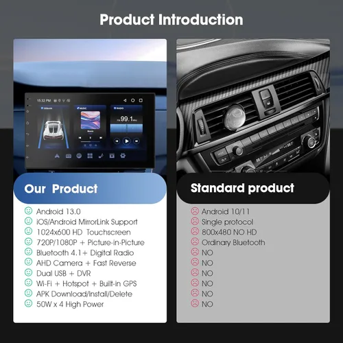 Miniatura 3 de Pantalla inalámbrica CarPlay para coche y unidad principal Android Auto – Pantalla táctil de 7 pulgadas doble DIN estéreo de coche con cámara