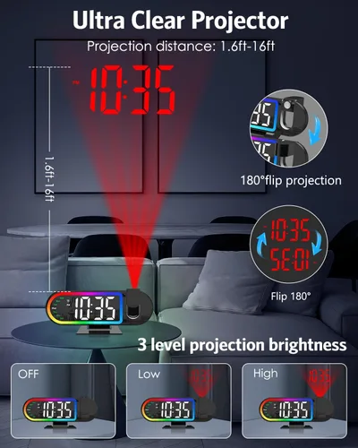 Miniatura 3 de AMIR Reloj despertador de proyección para techo de dormitorio, pantalla grande de 8.5 pulgadas, brillo de 4 niveles, alimentado por USB, modo