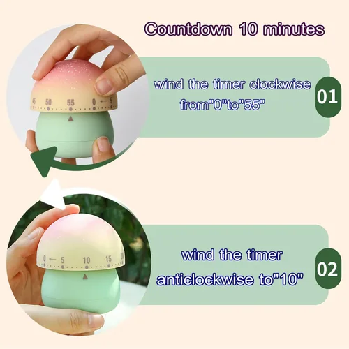 Miniatura 3 de Temporizador mecánico de cocina, lindo temporizador de hongos para niños, temporizador manual de cuenta regresiva de 60 minutos para aula, hogar
