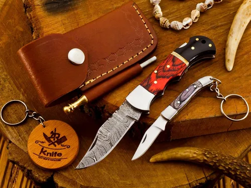Miniatura 10 de AR Damascus - Cuchillo plegable de bolsillo hecho a mano para supervivencia al aire libre, hecho de mango de madera y acero de Damasco, junto