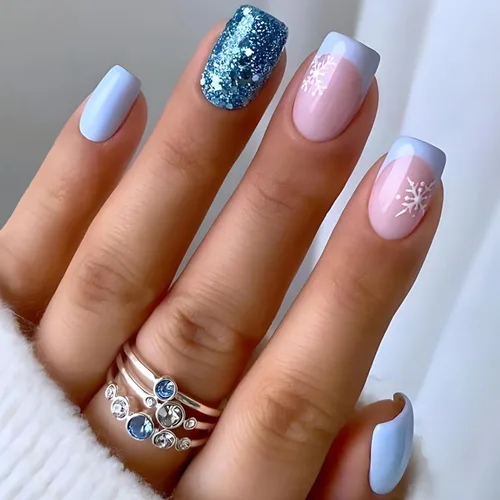 Miniatura 12 de Uñas postizas a presión con copos de nieve, uñas postizas cuadradas cortas de Navidad, uñas acrílicas negras con purpurina, kit de uñas postizas