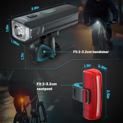 Miniatura 8 de APECYC Bike Lights USB-C Rechargeable Bicycle Front Headlight and Rear Taillight with 4+5 Light Modes, Waterproof Bike Light Set for Night Riding