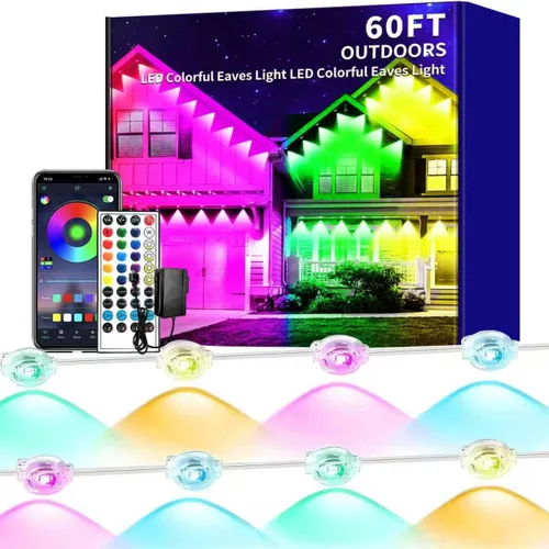 Luz permanente para exteriores de 60 pies, luces RGB para exteriores con aplicación y control remoto, sincronización de música IP67, impermeable,