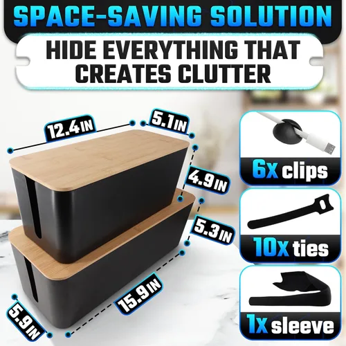 Miniatura 3 de Juego de 2 cajas organizadoras de cables para ocultar cables y regletas con clips, lazos y fundas reutilizables, diseño funcional, moderno, tamaños