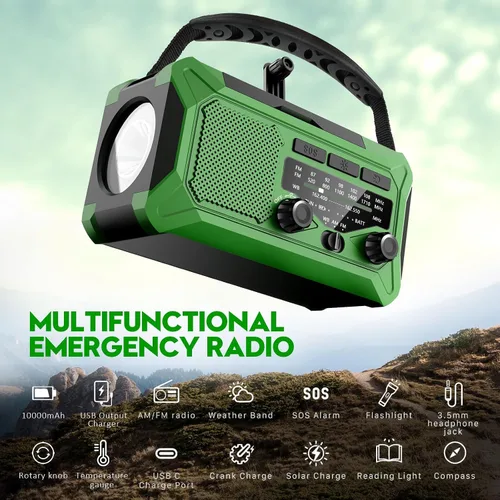 Miniatura 2 de Radio meteorológica con manivela de emergencia, radio solar de 10000 mAh AM/FM/NOAA con cargador de teléfono, carga USB, lámpara de lectura LED