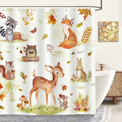 Miniatura 2 de Bonhause Cortina de ducha de otoño, diseño de zorro de ciervo, mapache, cortina de baño de animales otoñales, 72 x 72 pulgadas, cortina de baño
