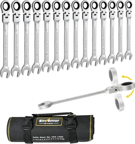 Miniatura 8 de Enventor Juego de llaves de trinquete SAE de 12 piezas de 1/4-7/8", cabezal flexible de 180°, acero CRV, 72 dientes, juego de llaves de trinquete