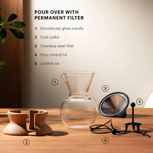 Miniatura 5 de Bodum Cafetera de Vertido de 34 onzas, Vidrio de Borosilicato Resistente al Calor con Filtro de Acero Inoxidable Reutilizable y Agarre de Corcho