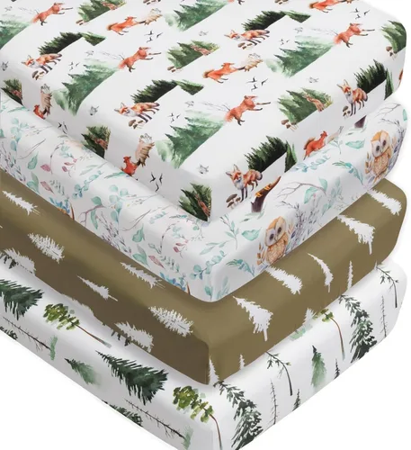 Miniatura 9 de Juego de 4 sábanas ajustadas para cuna con diseño de animales del bosque, neutras en madera, unisex, para bebés niños o niñas