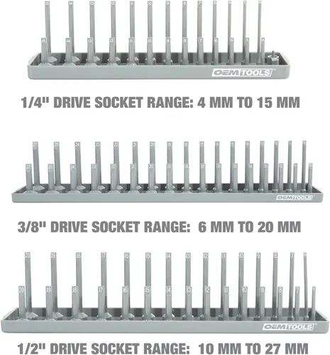 Miniatura 6 de OEMTOOLS 22413 Juego de 6 bandejas de enchufes SAE y métricos, almacenamiento de enchufes SAE y métrico para tamaños de 1/4", 3/8" y 1/2", soportes