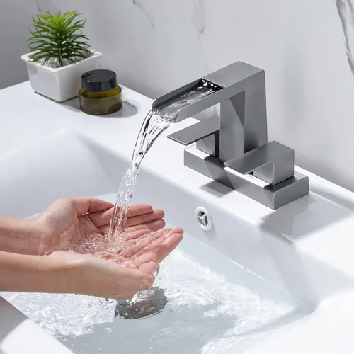 Miniatura 5 de Grifo de lavabo de lavabo de 4 pulgadas con cascada de 3 agujeros, grifo de lavabo moderno con desagüe desplegable de desbordamiento, níquel Níquel