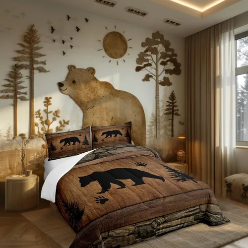 Miniatura 2 de Juego de edredón rústico de oso tamaño completo, juego de ropa de cama de caza de animales salvajes de 3 piezas, edredón de plumón vintage de cabaña