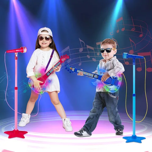 Miniatura 6 de Juego de guitarra y micrófono para niñas, máquina de karaoke con música y luz, juguetes de micrófono con soporte, juguetes de guitarra de altura