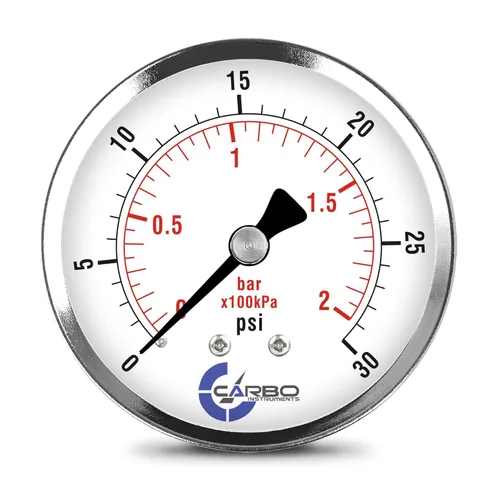 Miniatura 14 de Medidor de presión de 2-1/2 pulgadas, carcasa de acero cromado, seco, vacío compuesto -30 Hg - 0-15 psi montaje trasero 1/4 pulg. NPT