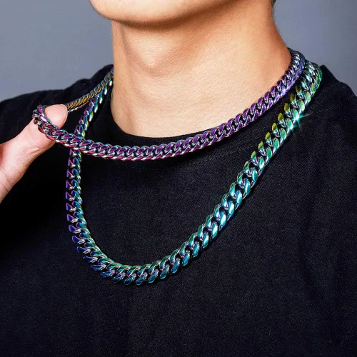 Miniatura 3 de TOPGRILLZ Collar de eslabones cubanos coloridos de 0.399 in de acero inoxidable sólido arco iris oro plata hip hop Miami cubano grueso collar