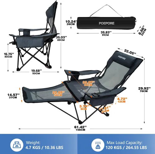 Miniatura 2 de Paquete de 2 sillas reclinables de camping de 4 posiciones con reposapiés, cómoda para adultos, silla de playa plegable de malla de 265 libras