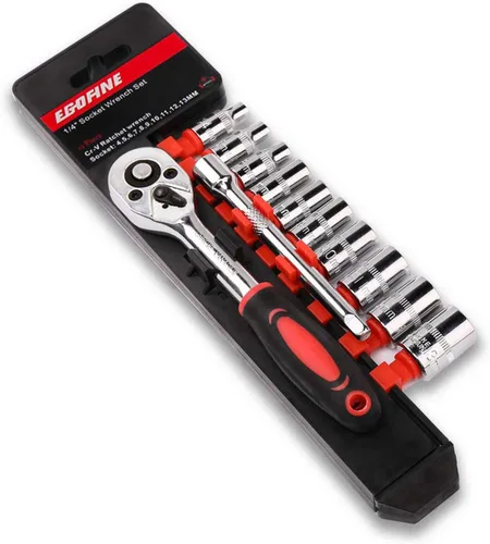 Egofine Juego de llaves de trinquete de enchufe mini de 12 piezas de 1/4 pulgada, juego de enchufes de accionamiento con 10 enchufes (4-13mm) y