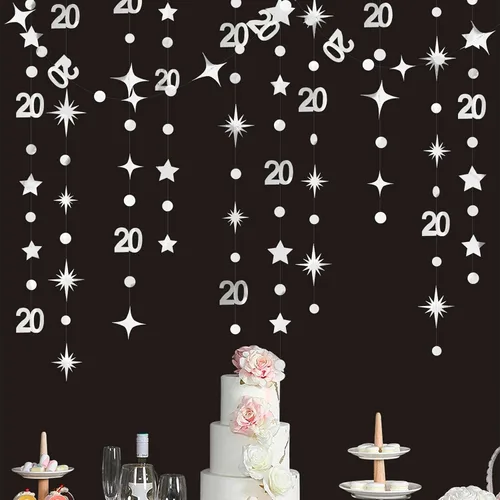 Miniatura 9 de Decoraciones negras de 20 cumpleaños número 20 círculo estrella metálica colgante serpentina telón de fondo para mujeres y hombres saludos a 20 años
