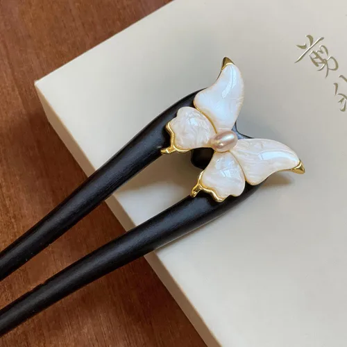 Miniatura 5 de Horquilla de madera hecha a mano – Tenedor de pelo en forma de U con diseño de mariposa de concha natural, pinzas de pelo francés para mujeres