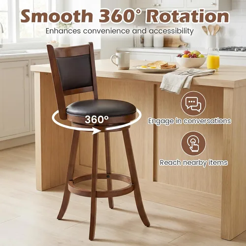 Miniatura 6 de COSTWAY Juego de 2 taburetes de bar, giratorios de 360 grados, taburete giratorio de madera con acento de altura, diseño tapizado de cuero, asiento