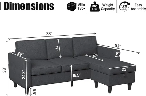 Miniatura 2 de Sofá seccional convertible gris oscuro, moderno sofá tapizado de tela de lino en forma de L con bolsillos para reposabrazos, sofá de 3 plazas