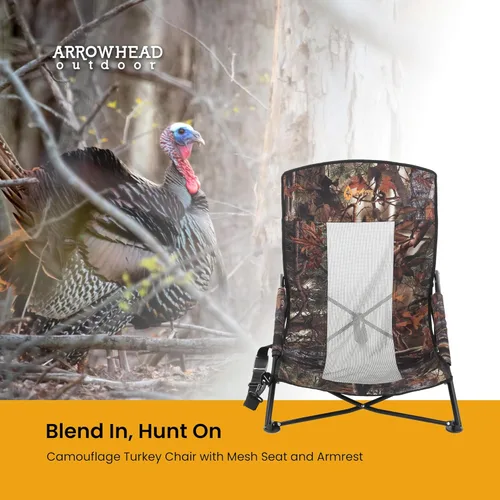 Miniatura 4 de ARROWHEAD OUTDOOR Silla ciega plegable portátil de caza de pavos con reposabrazos acolchado, pies sin hundimiento y correa para el hombro, Camuflaje