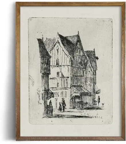 Miniatura 6 de Dibujo de Edificios de Ciudad en Estilo Rústico en Gris - Grabado de Arquitectura Urbana en Poster - Arte de Pared Vintage de Granja - Bosquejo Gris