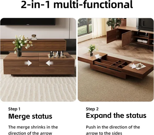 Miniatura 3 de Mesa de centro expandible de mediados de siglo con almacenamiento – Mesa central ajustable de 47.2"-81.9" para la sala de estar, acabado en madera