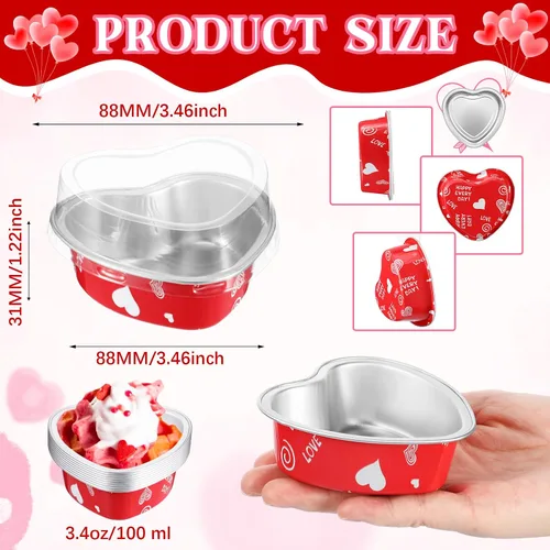 Miniatura 2 de Domensi Juego de 100 moldes de papel de aluminio en forma de corazón, mini tazas para cupcakes con tapas, molde para flan, desechables, para el día