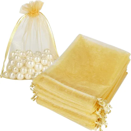 HRX Package 100 bolsas de organza doradas, 5 x 7 pulgadas, malla con cordón, bolsas de regalo, bolsas de joyería para dulces de Navidad, recuerdos