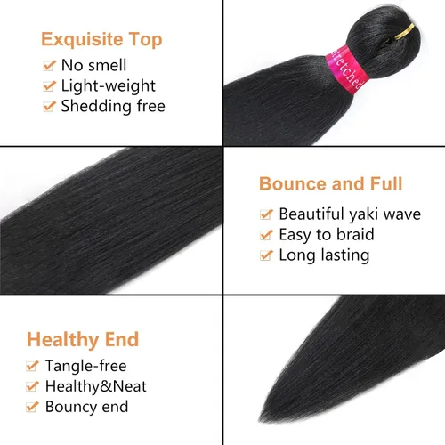 Miniatura 2 de Extensión de cabello trenzado negro, 28 pulgadas, cabello trenzado preestirado para trenzas de cabello, 2 paquetes de cabello sintético con textura