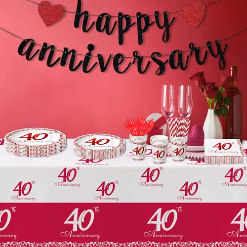 Miniatura 6 de APOWBLS Vajilla para decoración del 40 aniversario, suministros de fiesta de aniversario de boda de rubí, platos de papel, vasos, servilletas