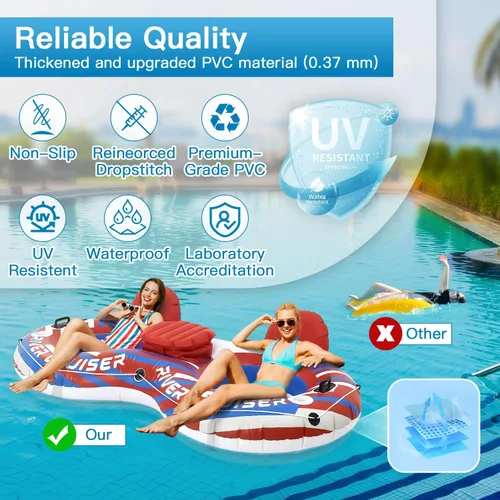 Miniatura 7 de River Tubes for Floating Heavy Duty Inflatable Floating Lounger Premium River Water Rafts Pool Float with Cup Holder Above Lake for Adults Rojo