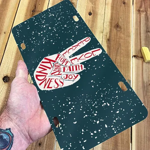 Miniatura 5 de Placa de Matrícula Delantera de Aluminio Retro de Dos Dedos Paz Amor Alegría, Placas de Matrícula Decorativas Divertidas de Metal para Carro 6"X12